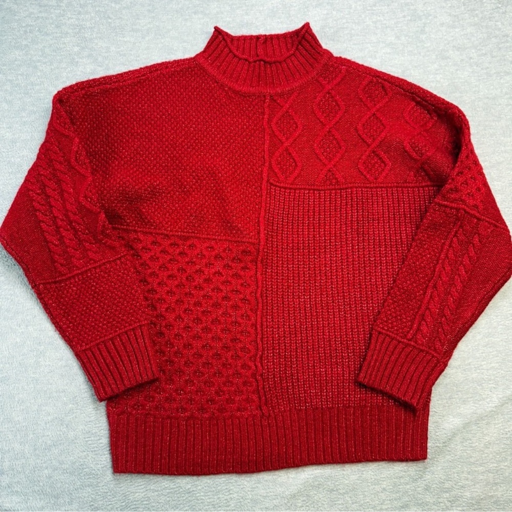 American Eagle Sweater Womens Medium Red Contrast Knit Roll Neck Holiday Party